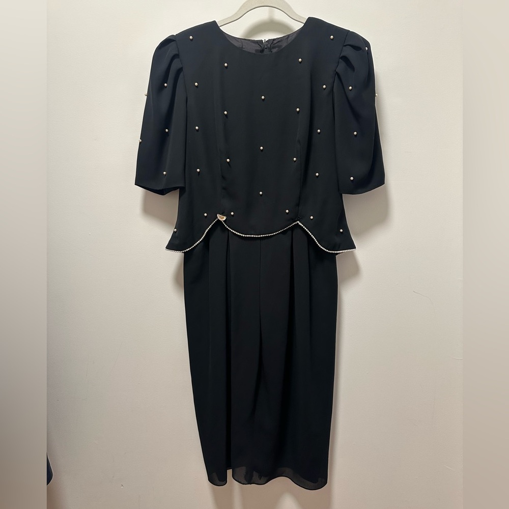 Vintage Miss Elliette Two-Piece Pearl Accented Black Midi-Sz 12